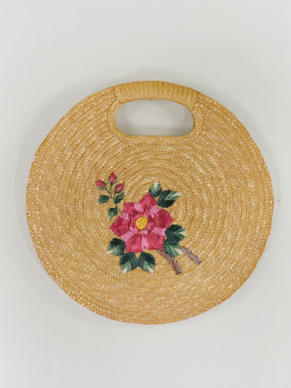 Vintage 60s 70s Woven Straw Purse Bag Resort Cruise Tote W/ Embroidered Floral